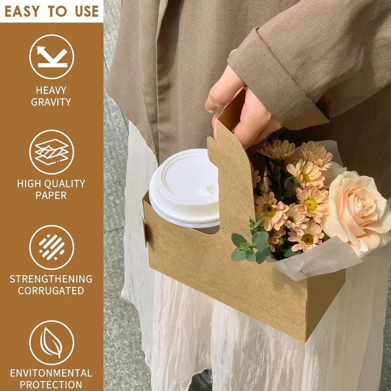 tchrules 60 pcs Brown Kraft Paper 2 Cup Drink Carrier with Handle – Disposable Kraft Paperboard Cup Holder for Hot or Cold Drinks, Take-Out Cup Carrier & Coffee Carrier for Food Delivery, 2-Cup Drink Tray - Image 3